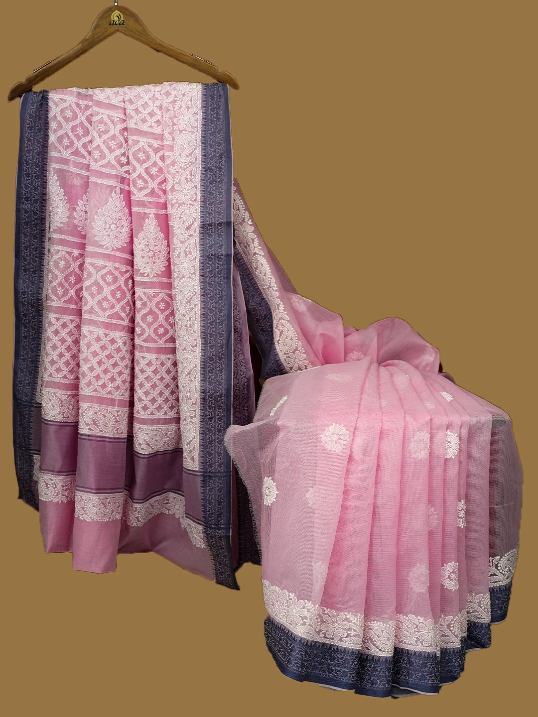 Ada Hand Embroidered Pink Chanderi Lucknowi Chikankari Saree and Blouse 01A719815