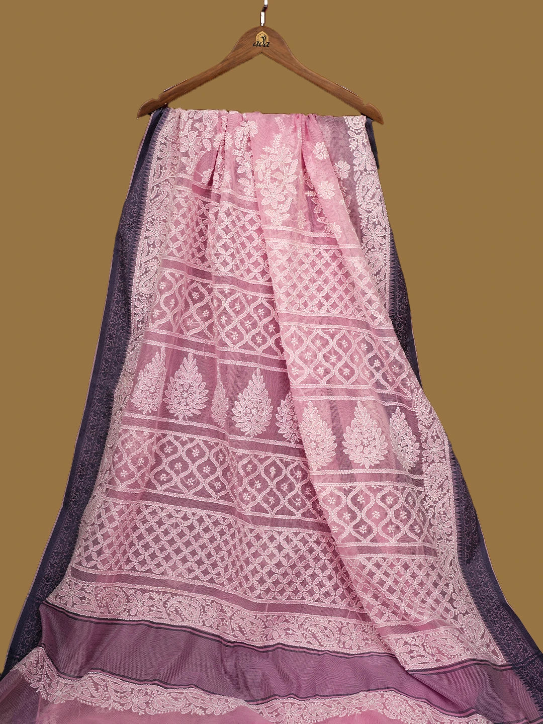 Ada Hand Embroidered Pink Chanderi Lucknowi Chikankari Saree and Blouse 01A719815