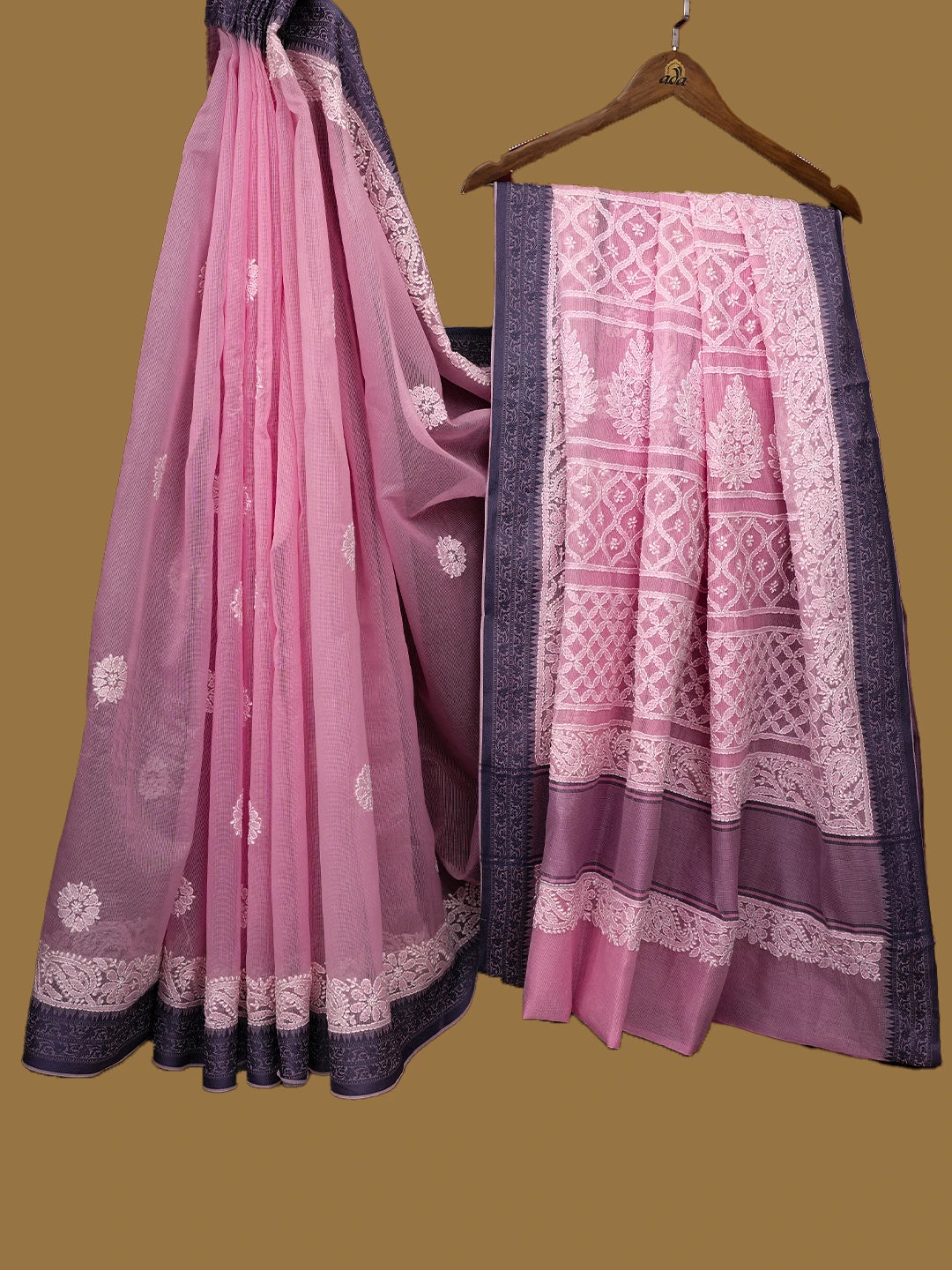Ada Hand Embroidered Pink Chanderi Lucknowi Chikankari Saree and Blouse 01A719815