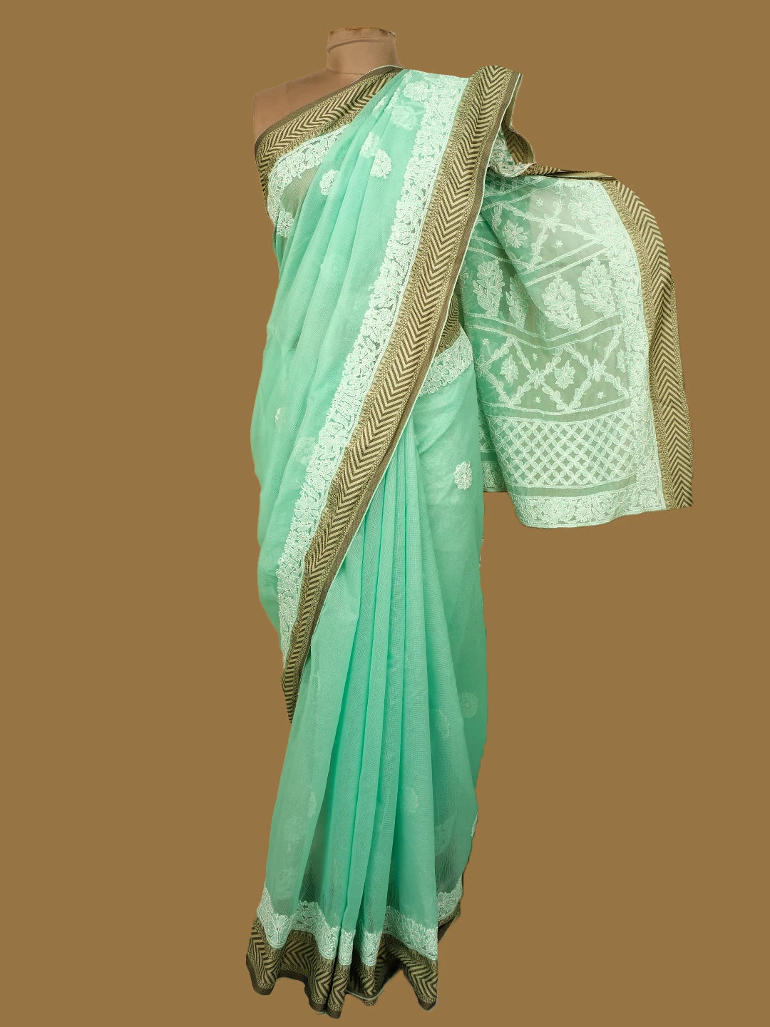 Ada Hand Embroidered Green Chanderi Lucknowi Chikankari Saree and Blouse 01A719833