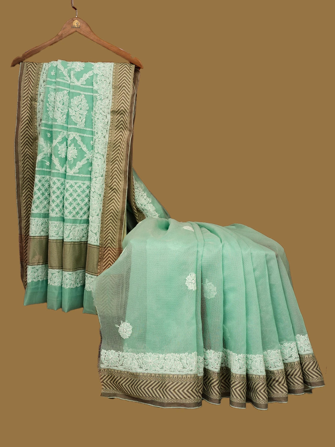 Ada Hand Embroidered Green Chanderi Lucknowi Chikankari Saree and Blouse 01A719833