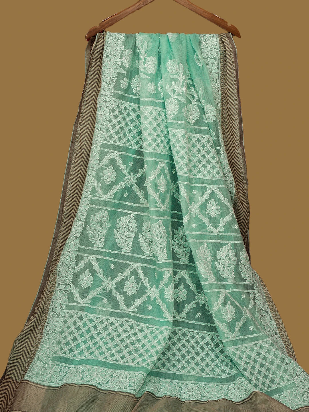 Ada Hand Embroidered Green Chanderi Lucknowi Chikankari Saree and Blouse 01A719833
