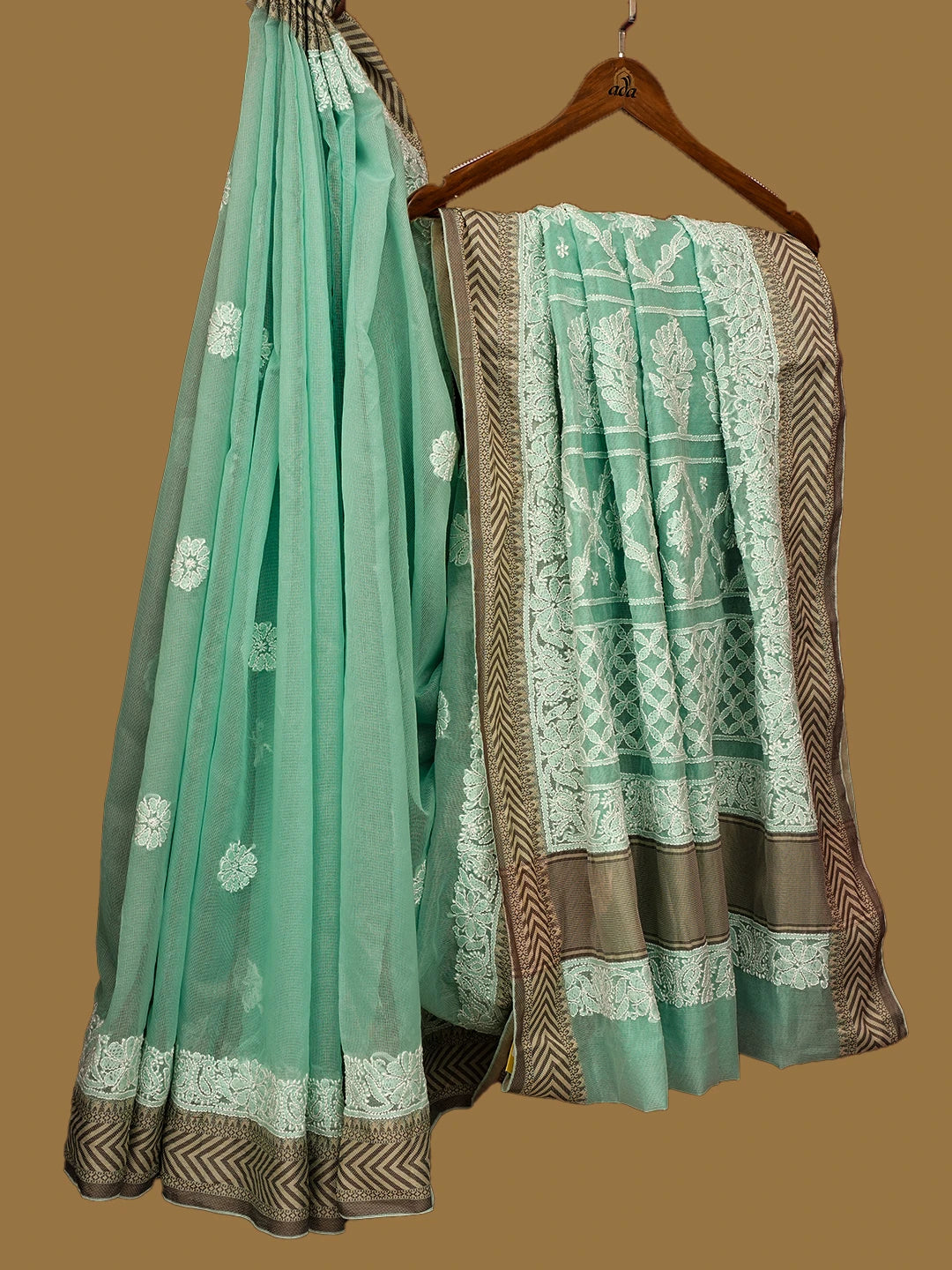 Ada Hand Embroidered Green Chanderi Lucknowi Chikankari Saree and Blouse 01A719833