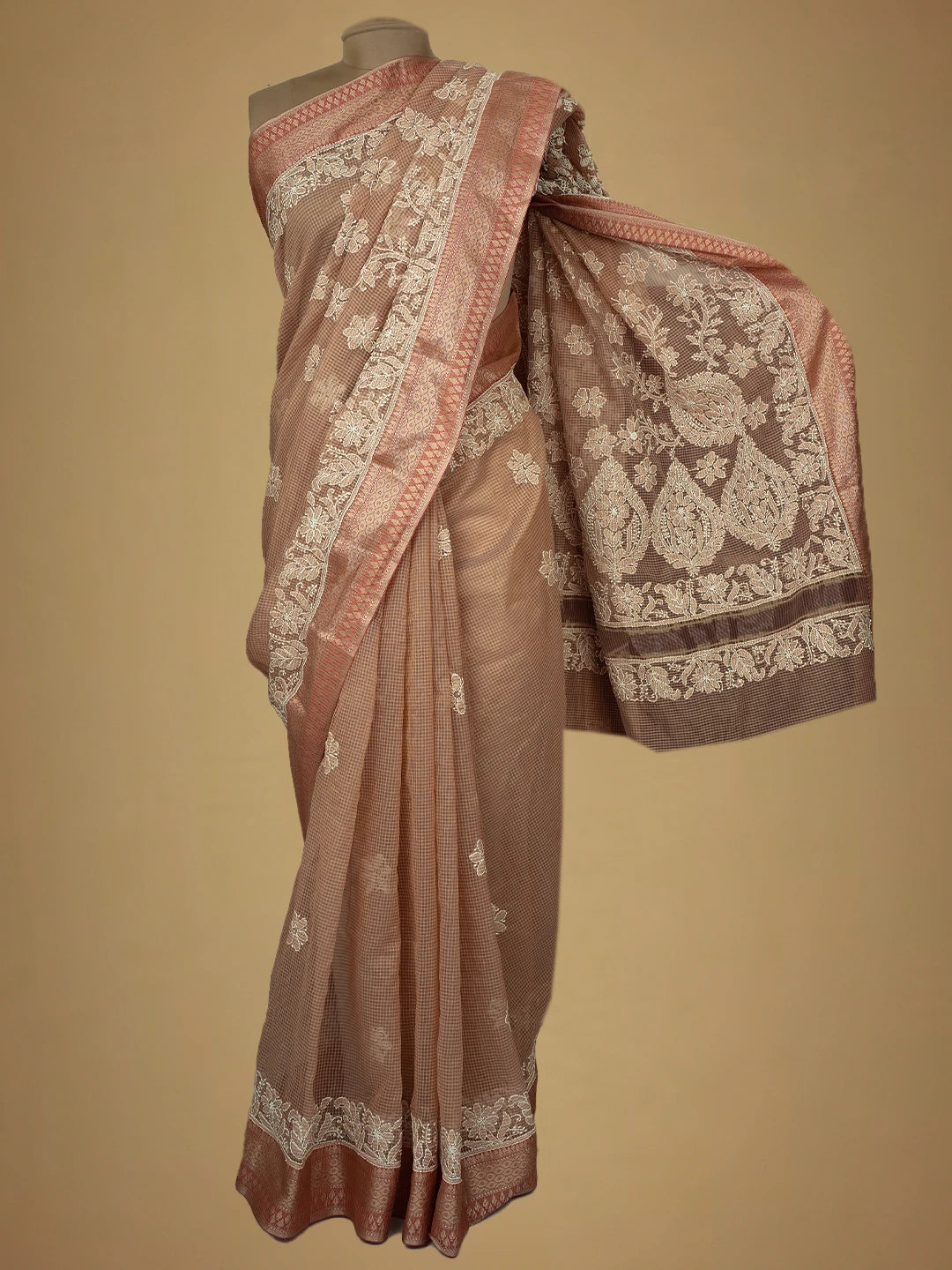 Ada Hand Embroidered Dusty Peach Chanderi Lucknowi Chikankari Saree and Blouse 01A719806