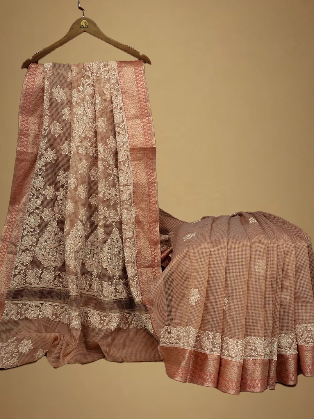 Ada Hand Embroidered Dusty Peach Chanderi Lucknowi Chikankari Saree and Blouse 01A719806