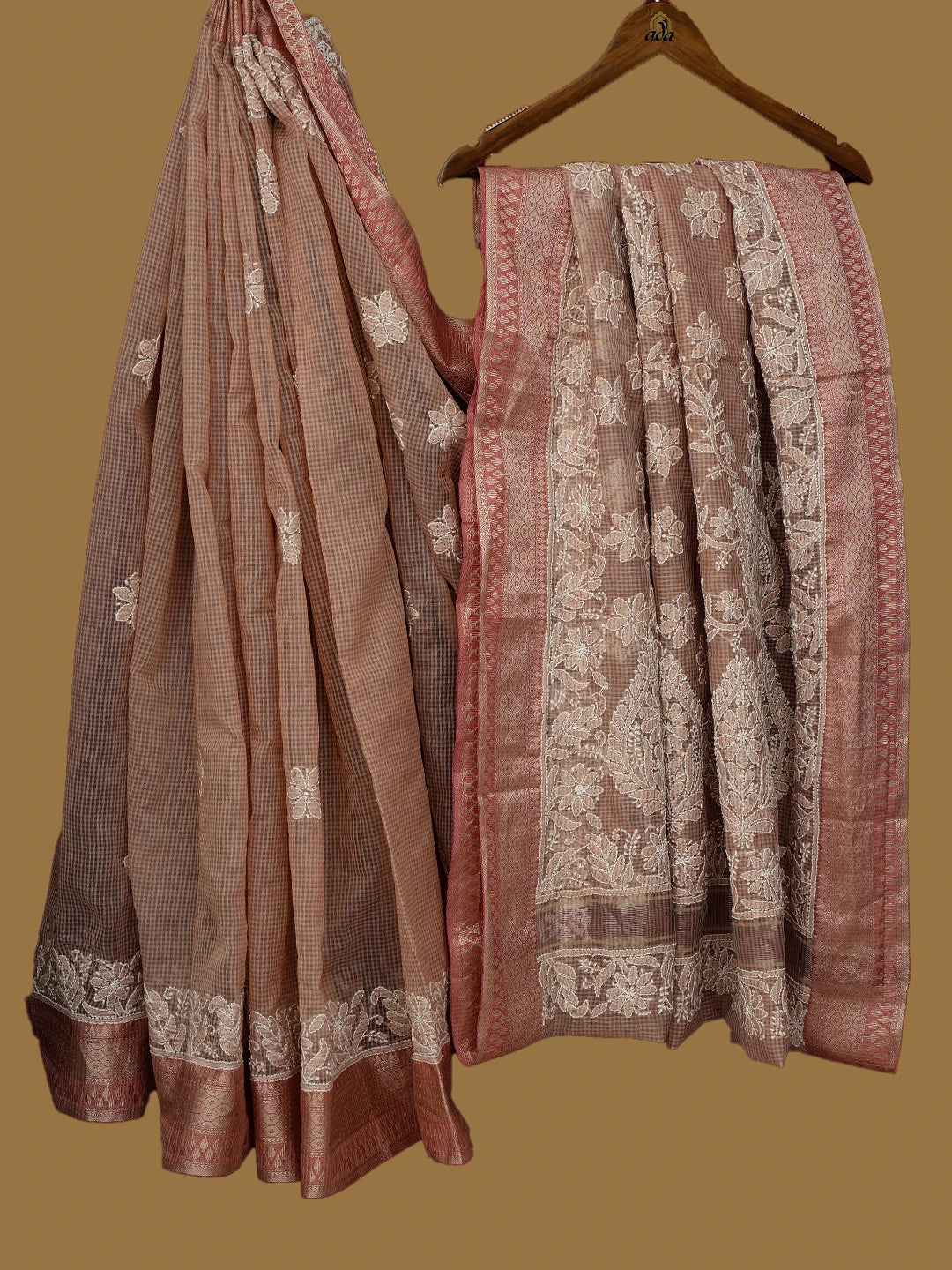Ada Hand Embroidered Dusty Peach Chanderi Lucknowi Chikankari Saree and Blouse 01A719806