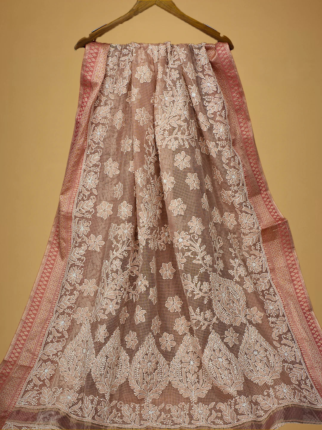 Ada Hand Embroidered Dusty Peach Chanderi Lucknowi Chikankari Saree and Blouse 01A719806