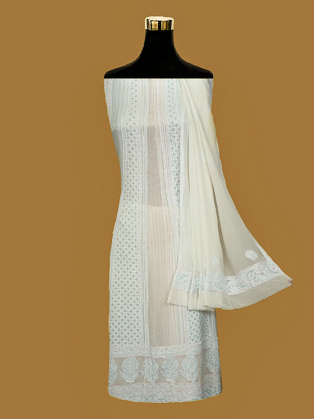 Ada Hand Embroidered White Viscose Georgette Lucknowi Chikankari Semi-Stitched Anarkali Kurta Dupatta Set With Cutdana Work 01A720043