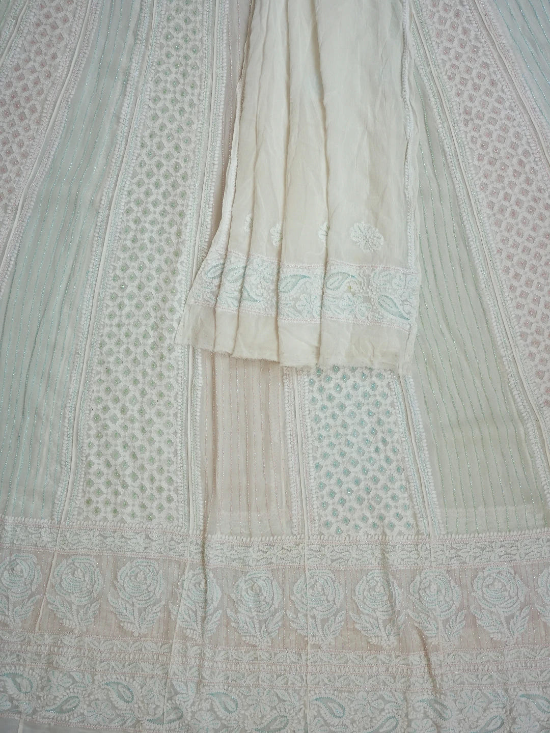 Ada Hand Embroidered White Viscose Georgette Lucknowi Chikankari Semi-Stitched Anarkali Kurta Dupatta Set With Cutdana Work 01A720043