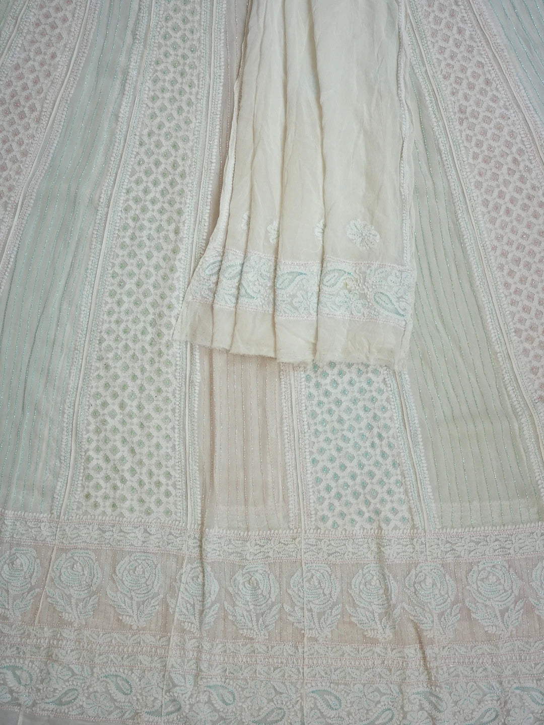 Ada Hand Embroidered White Viscose Georgette Lucknowi Chikankari Semi-Stitched Anarkali Kurta Dupatta Set With Cutdana Work 01A720043