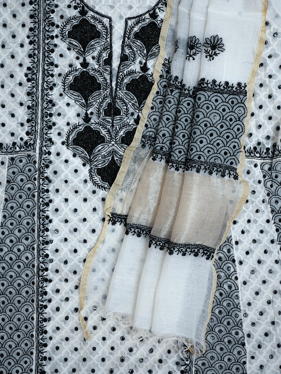 Ada Hand Embroidered White Chanderi Lucknowi Chikankari Semi-Stitched Kurta Dupatta Set With Cutdana Work 01A719571
