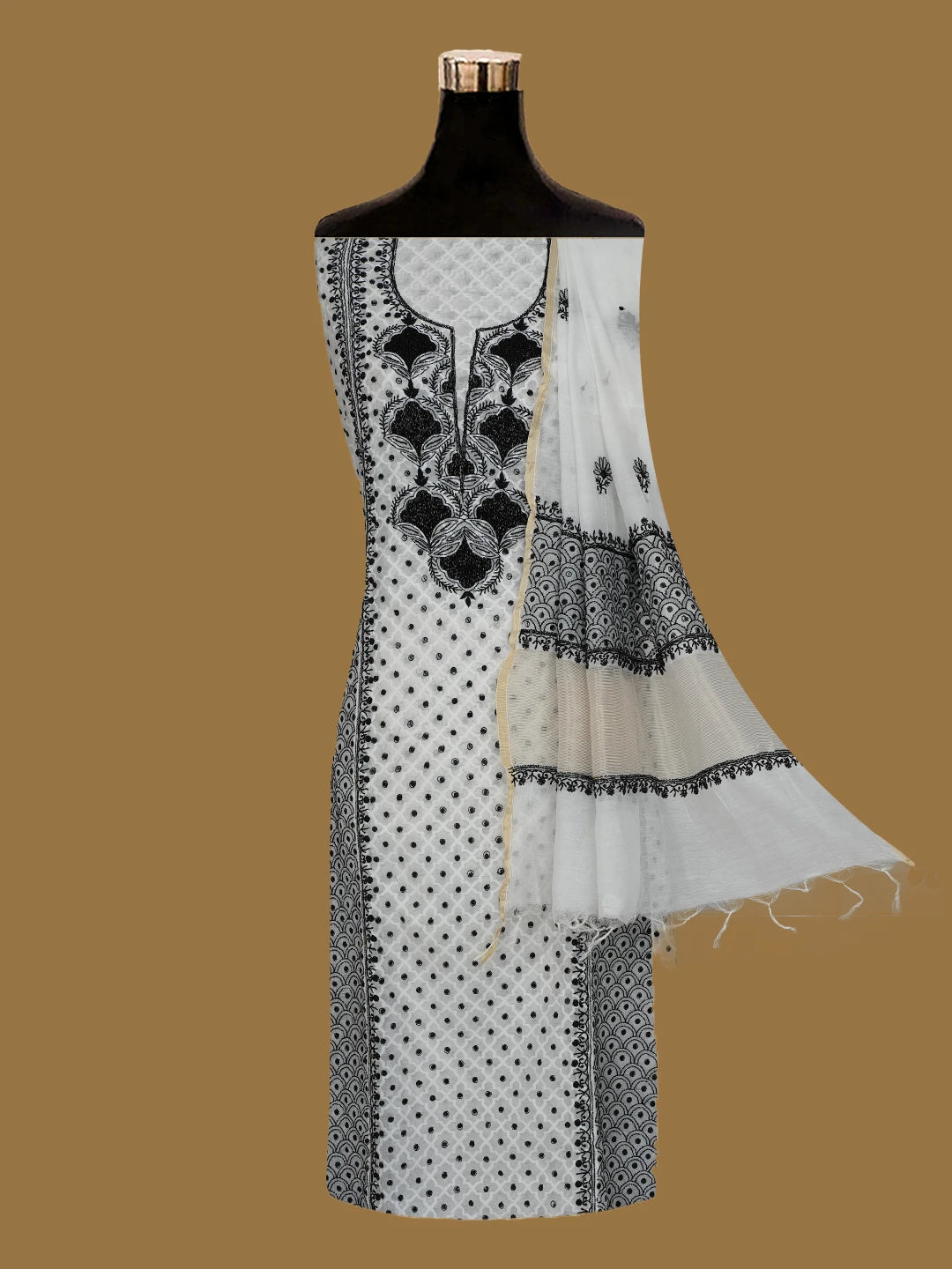 Ada Hand Embroidered White Chanderi Lucknowi Chikankari Semi-Stitched Kurta Dupatta Set With Cutdana Work 01A719571
