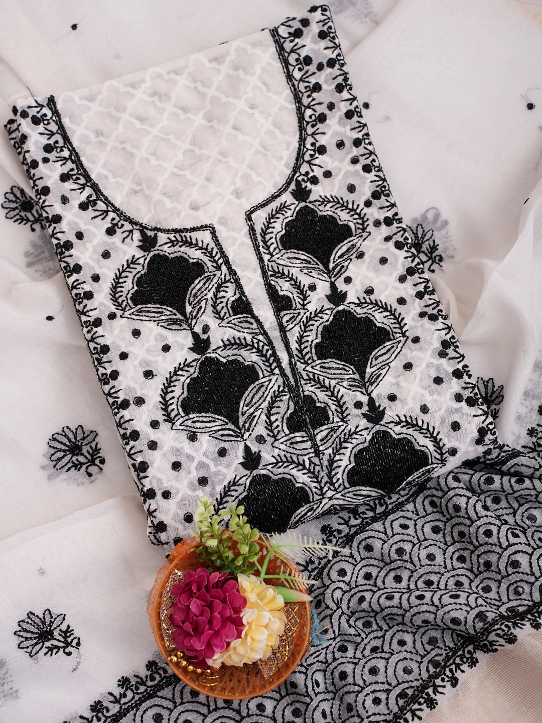 Ada Hand Embroidered White Chanderi Lucknowi Chikankari Semi-Stitched Kurta Dupatta Set With Cutdana Work 01A719571