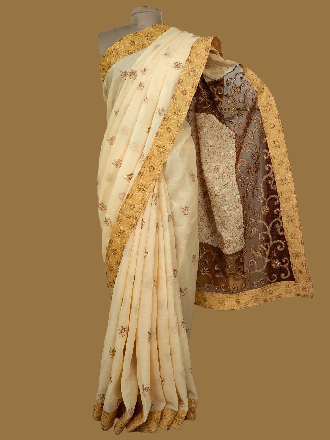 Ada Hand Embroidered Fawn Cotton Lucknowi Chikankari Saree With Blouse With Zari Work 01A670378