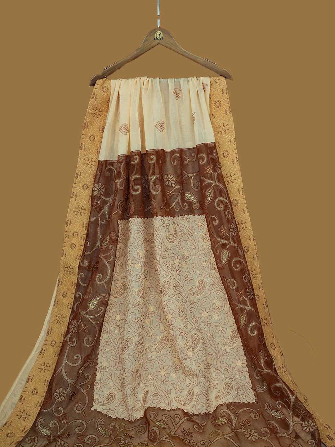 Ada Hand Embroidered Fawn Cotton Lucknowi Chikankari Saree With Blouse With Zari Work 01A670378