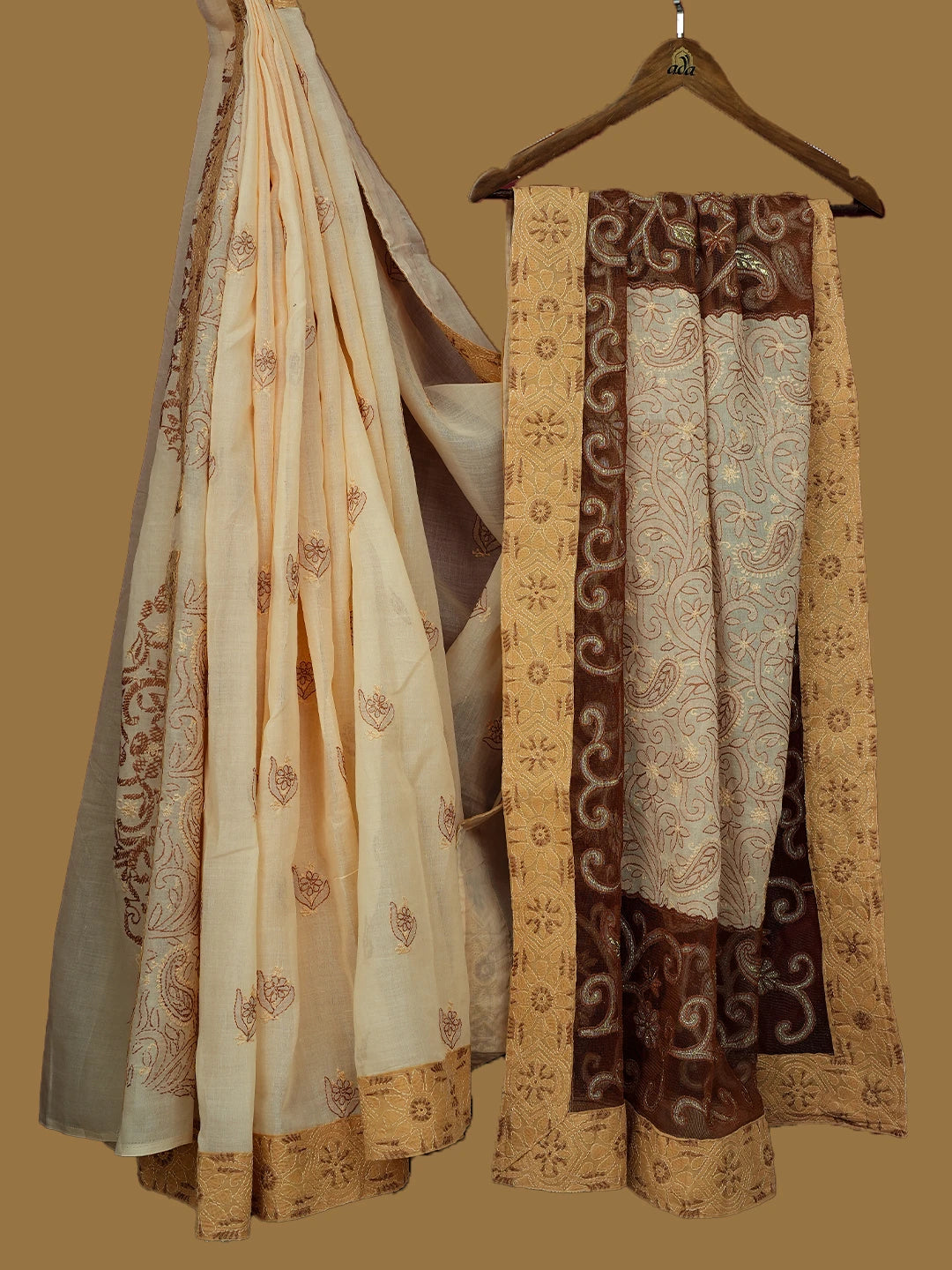 Ada Hand Embroidered Fawn Cotton Lucknowi Chikankari Saree With Blouse With Zari Work 01A670378