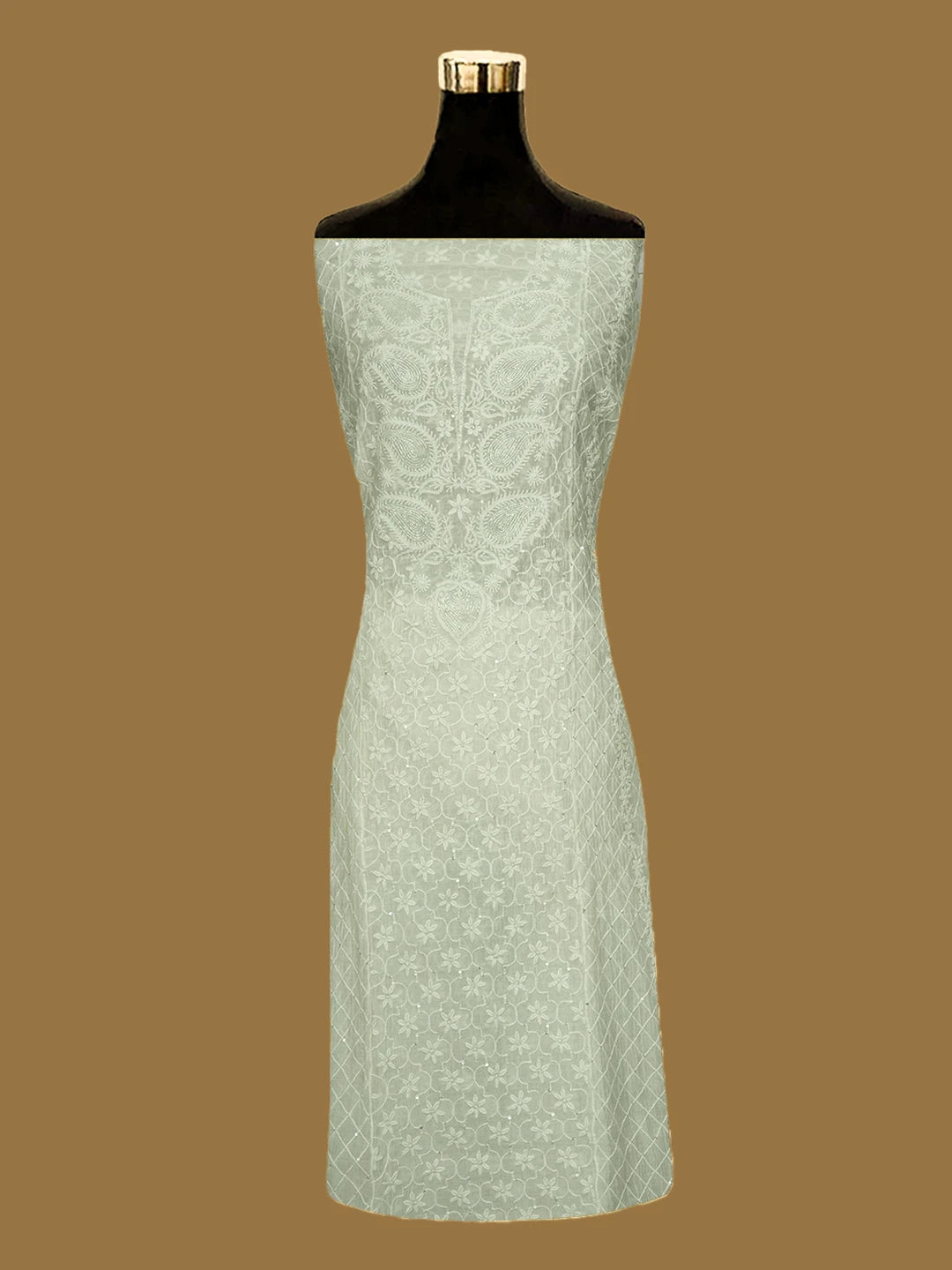 Ada Hand Embroidered White Chanderi Lucknowi Chikankari Unstitched Kurta Dupatta Set With Cutdana Work 01A719686