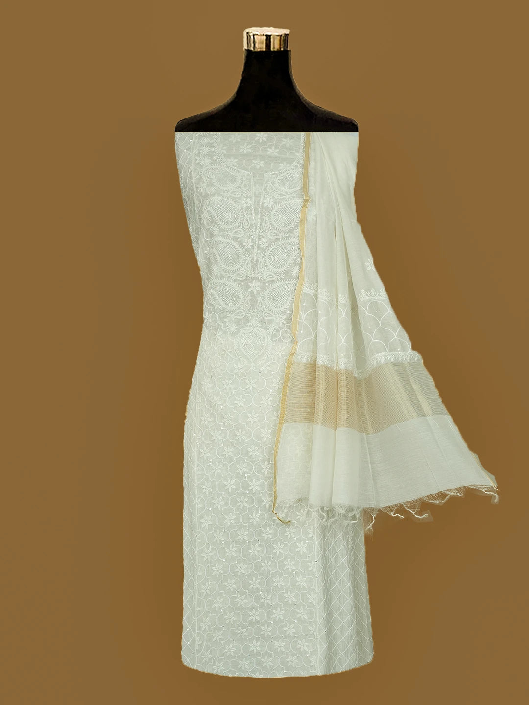 Ada Hand Embroidered White Chanderi Lucknowi Chikankari Unstitched Kurta Dupatta Set With Cutdana Work 01A719686