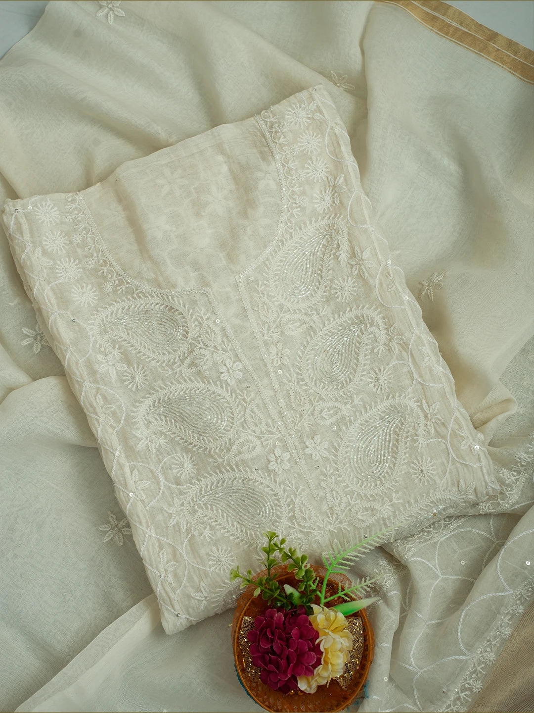 Ada Hand Embroidered White Chanderi Lucknowi Chikankari Unstitched Kurta Dupatta Set With Cutdana Work 01A719686