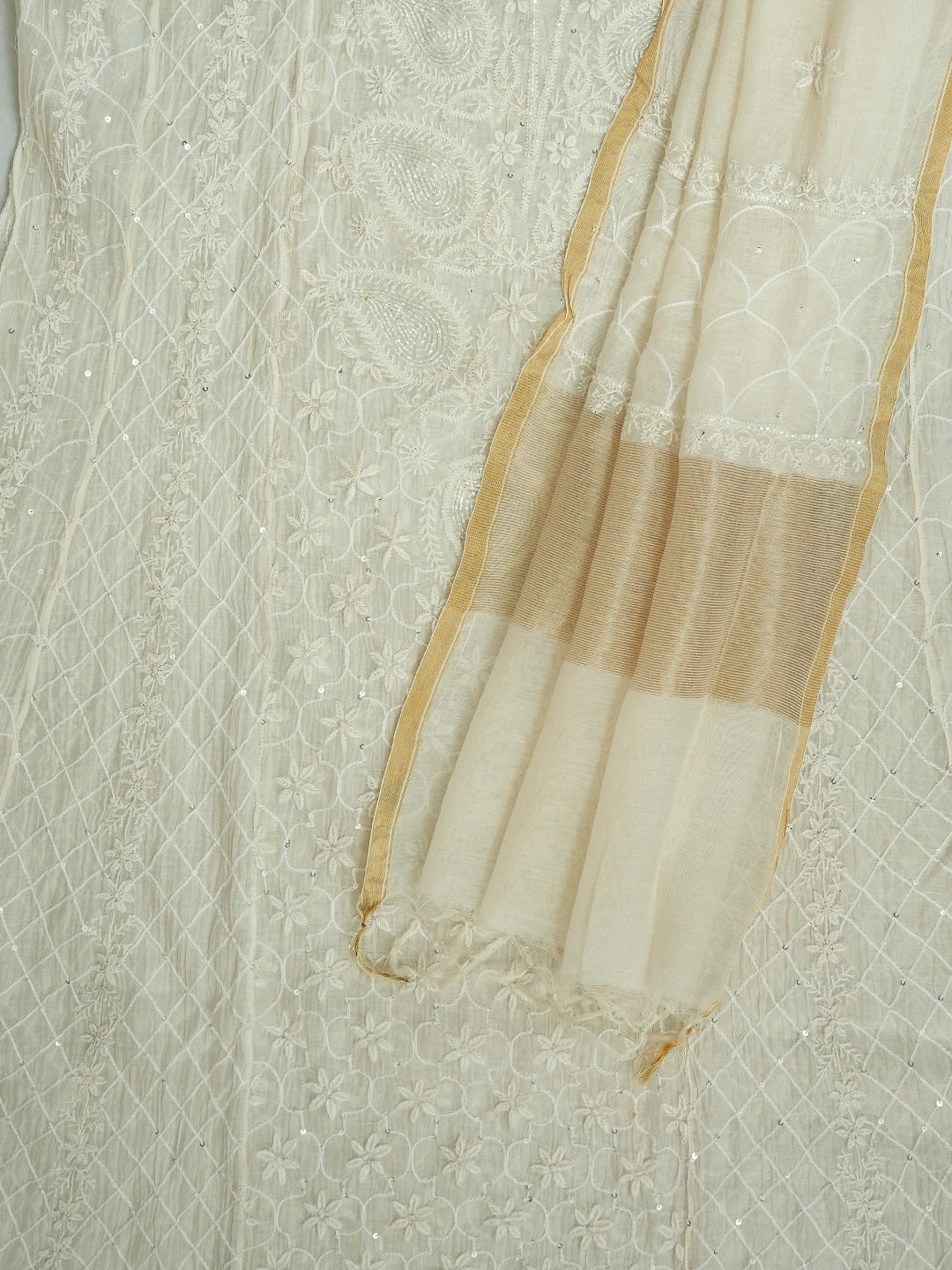 Ada Hand Embroidered White Chanderi Lucknowi Chikankari Unstitched Kurta Dupatta Set With Cutdana Work 01A719686