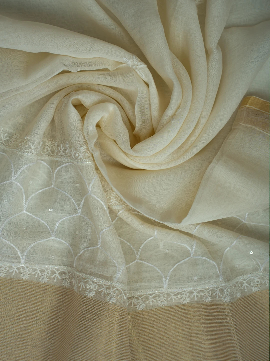 Ada Hand Embroidered White Chanderi Lucknowi Chikankari Unstitched Kurta Dupatta Set With Cutdana Work 01A719686