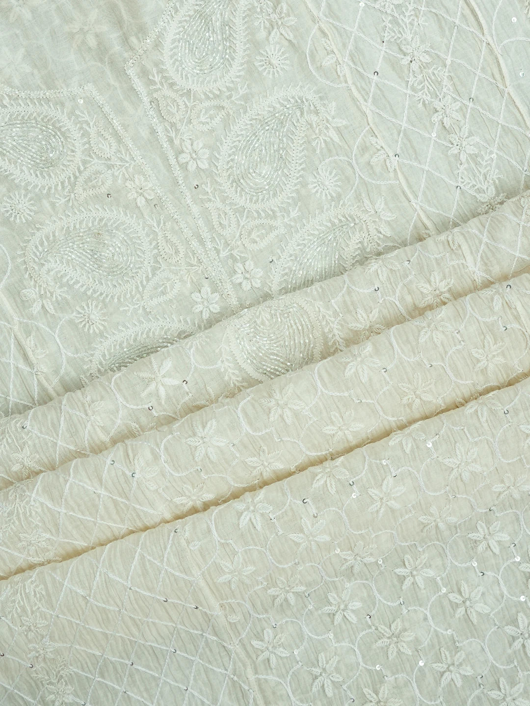 Ada Hand Embroidered White Chanderi Lucknowi Chikankari Unstitched Kurta Dupatta Set With Cutdana Work 01A719686