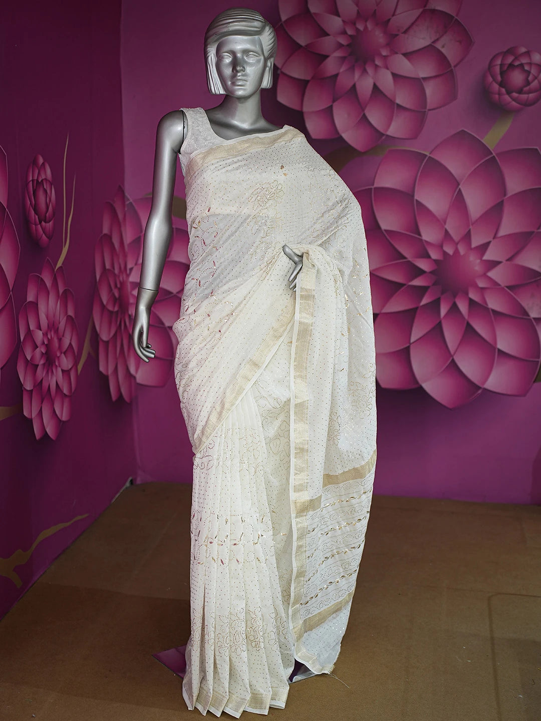 Ada Hand Embroidered White Chanderi Lucknowi Chikankari Saree and Blouse With Mukaish Work 01A697281