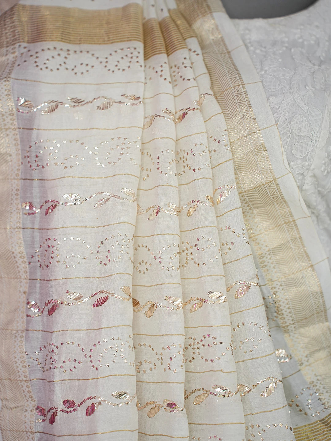 Ada Hand Embroidered White Chanderi Lucknowi Chikankari Saree and Blouse With Mukaish Work 01A697281