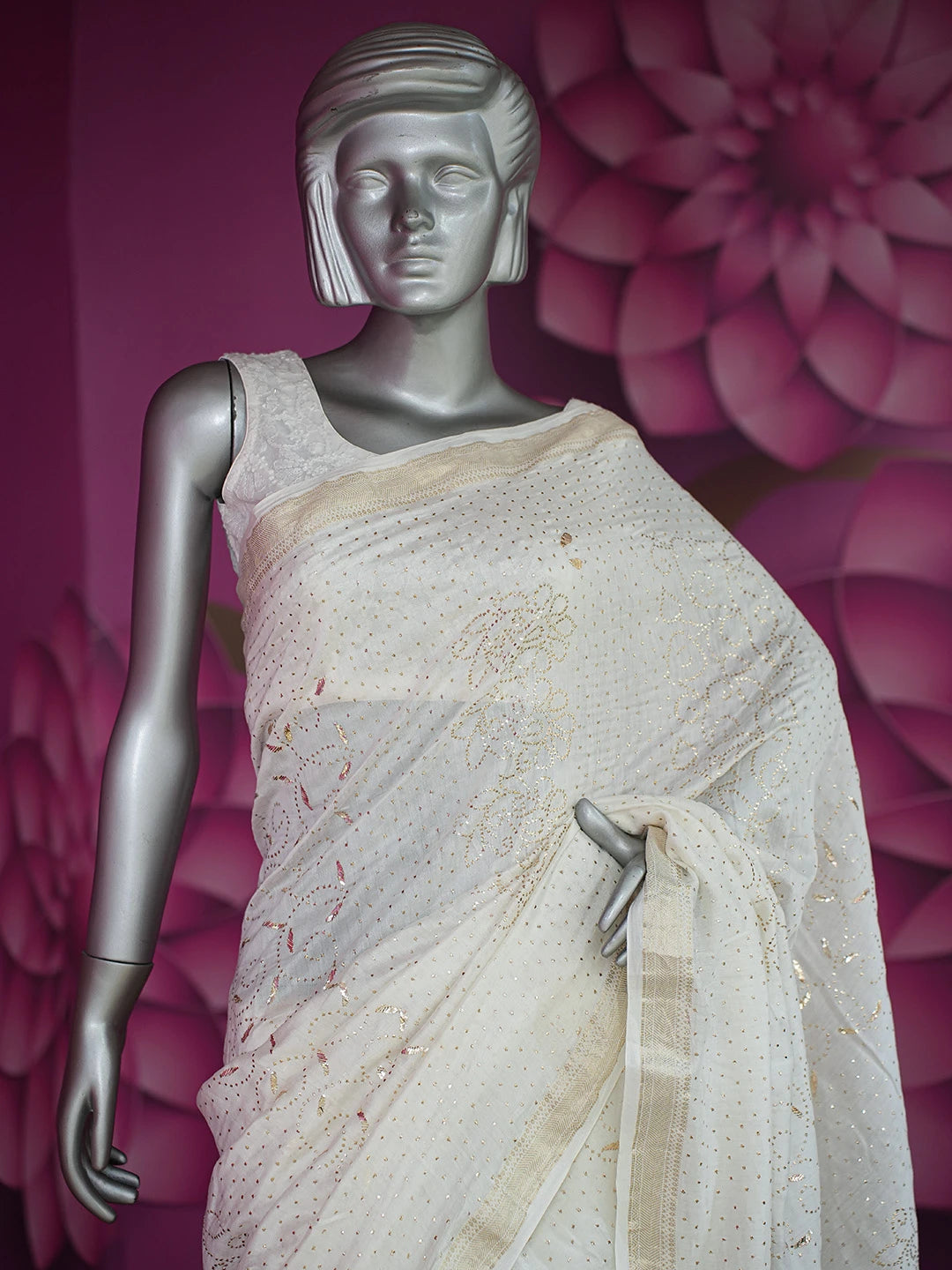 Ada Hand Embroidered White Chanderi Lucknowi Chikankari Saree and Blouse With Mukaish Work 01A697281