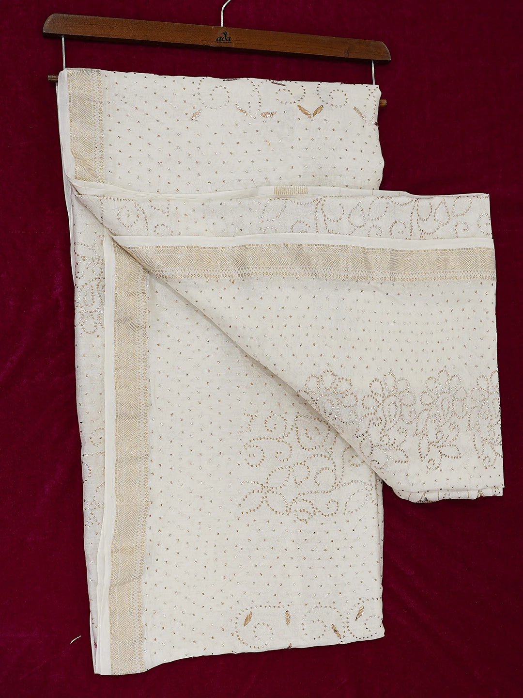 Ada Hand Embroidered White Chanderi Lucknowi Chikankari Saree and Blouse With Mukaish Work 01A697281