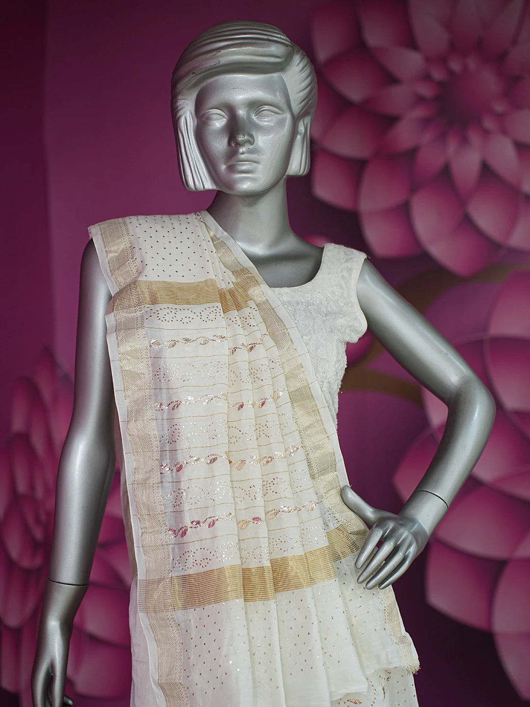 Ada Hand Embroidered White Chanderi Lucknowi Chikankari Saree and Blouse With Mukaish Work 01A697281
