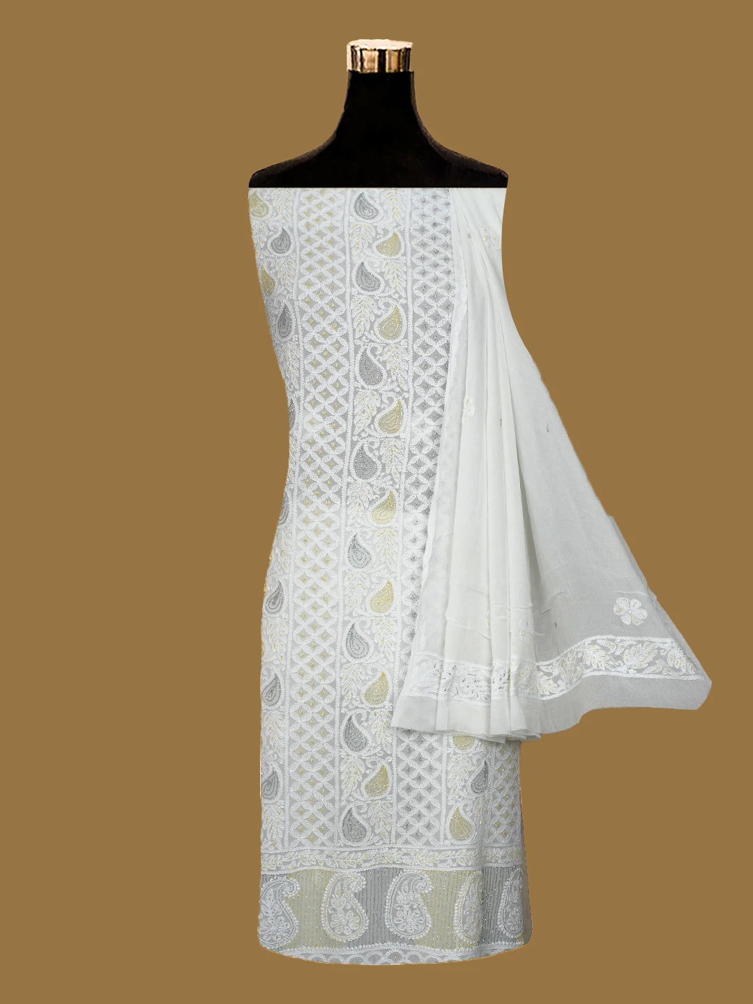 Ada Hand Embroidered White Viscose Georgette Lucknowi Chikankari Unstitched Kurta Dupatta Set With Cutdana Work 01A720028