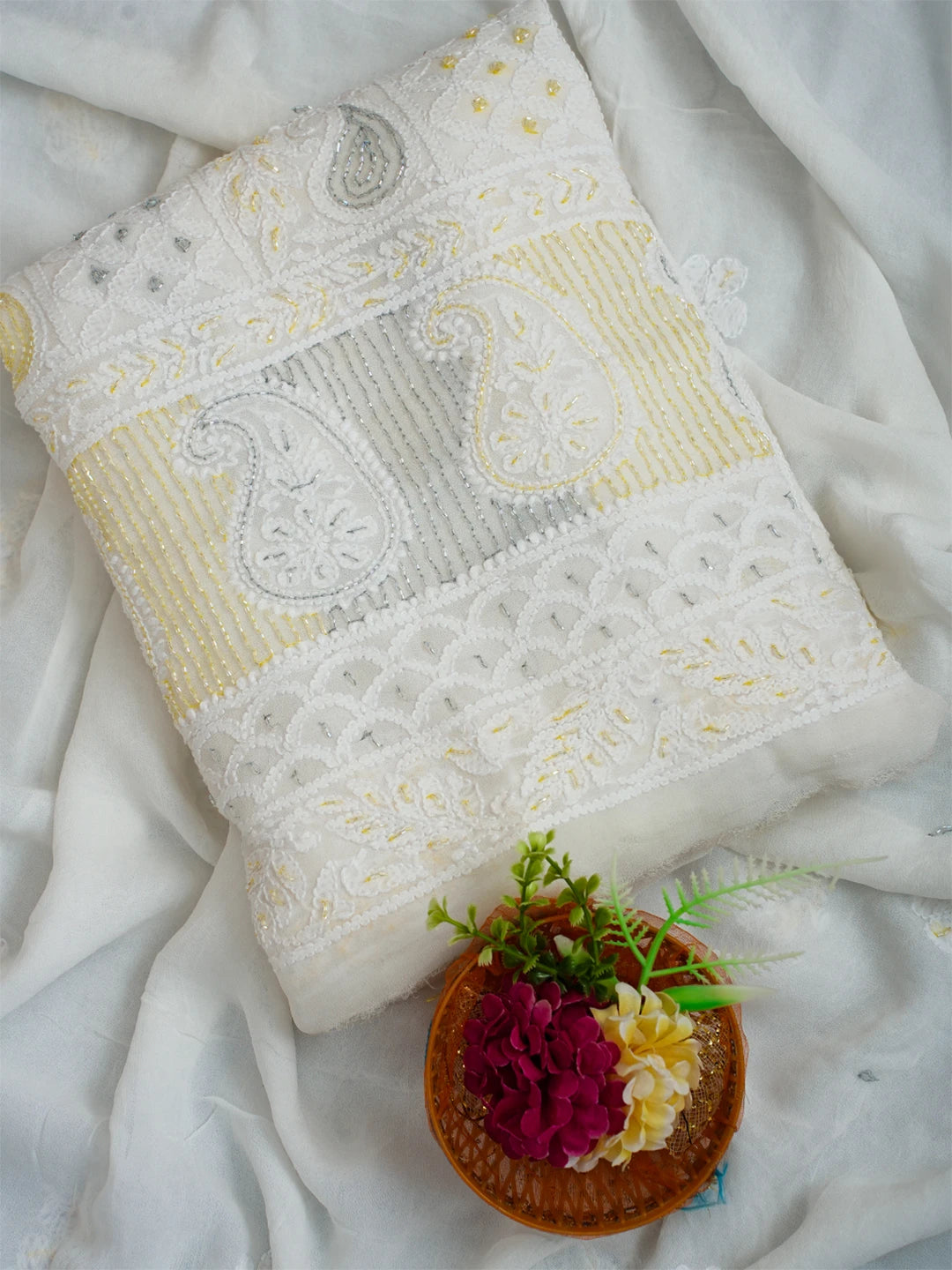 Ada Hand Embroidered White Viscose Georgette Lucknowi Chikankari Unstitched Kurta Dupatta Set With Cutdana Work 01A720028