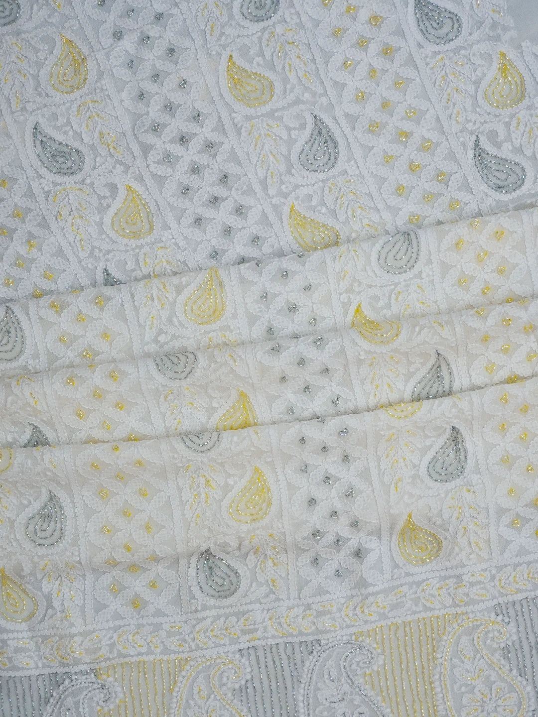 Ada Hand Embroidered White Viscose Georgette Lucknowi Chikankari Unstitched Kurta Dupatta Set With Cutdana Work 01A720028