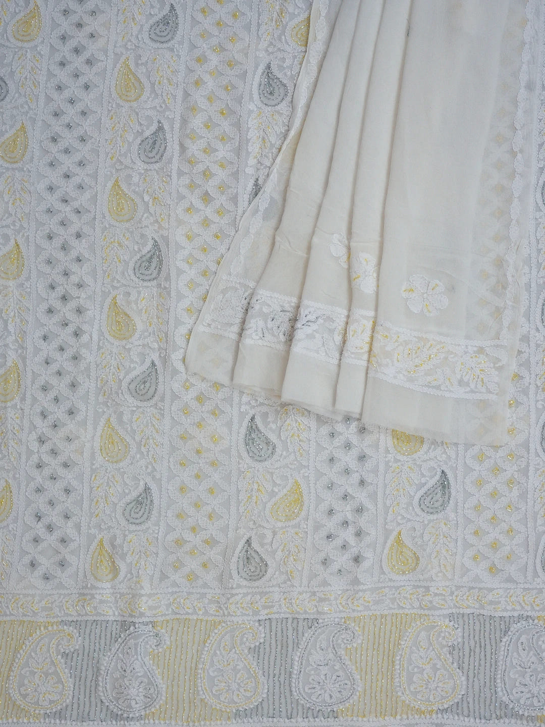 Ada Hand Embroidered White Viscose Georgette Lucknowi Chikankari Unstitched Kurta Dupatta Set With Cutdana Work 01A720028
