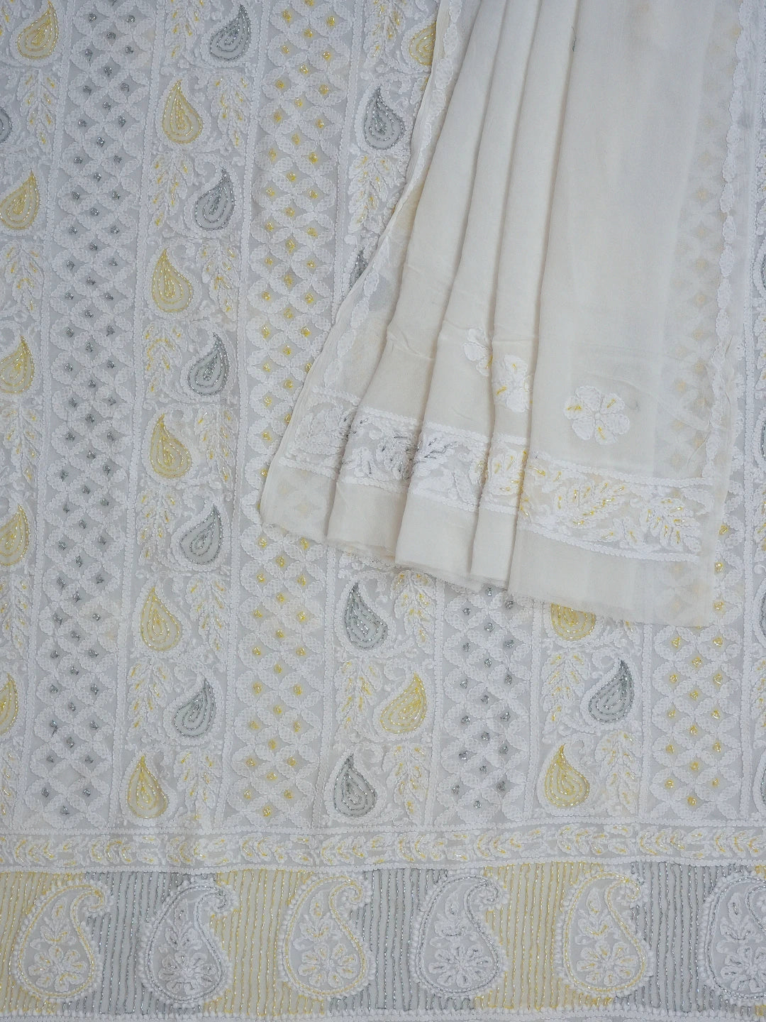 Ada Hand Embroidered White Viscose Georgette Lucknowi Chikankari Unstitched Kurta Dupatta Set With Cutdana Work 01A720028