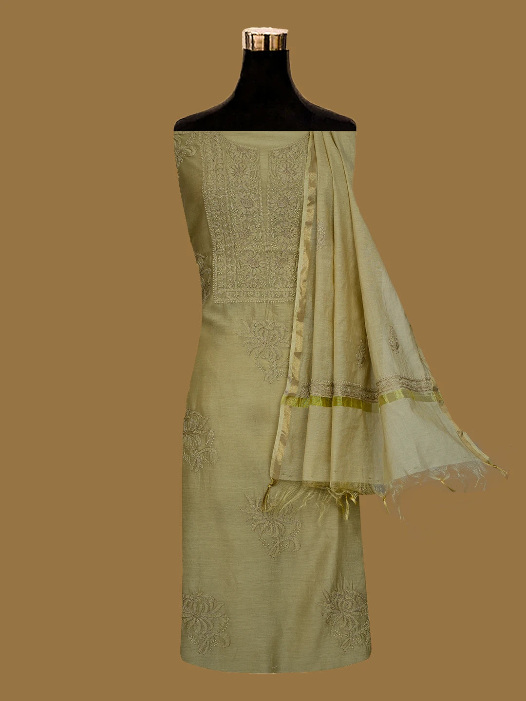 Ada Hand Embroidered Fawn Chanderi Lucknowi Chikankari Unstitched Kurta Dupatta Set With Zari Work 01A707651
