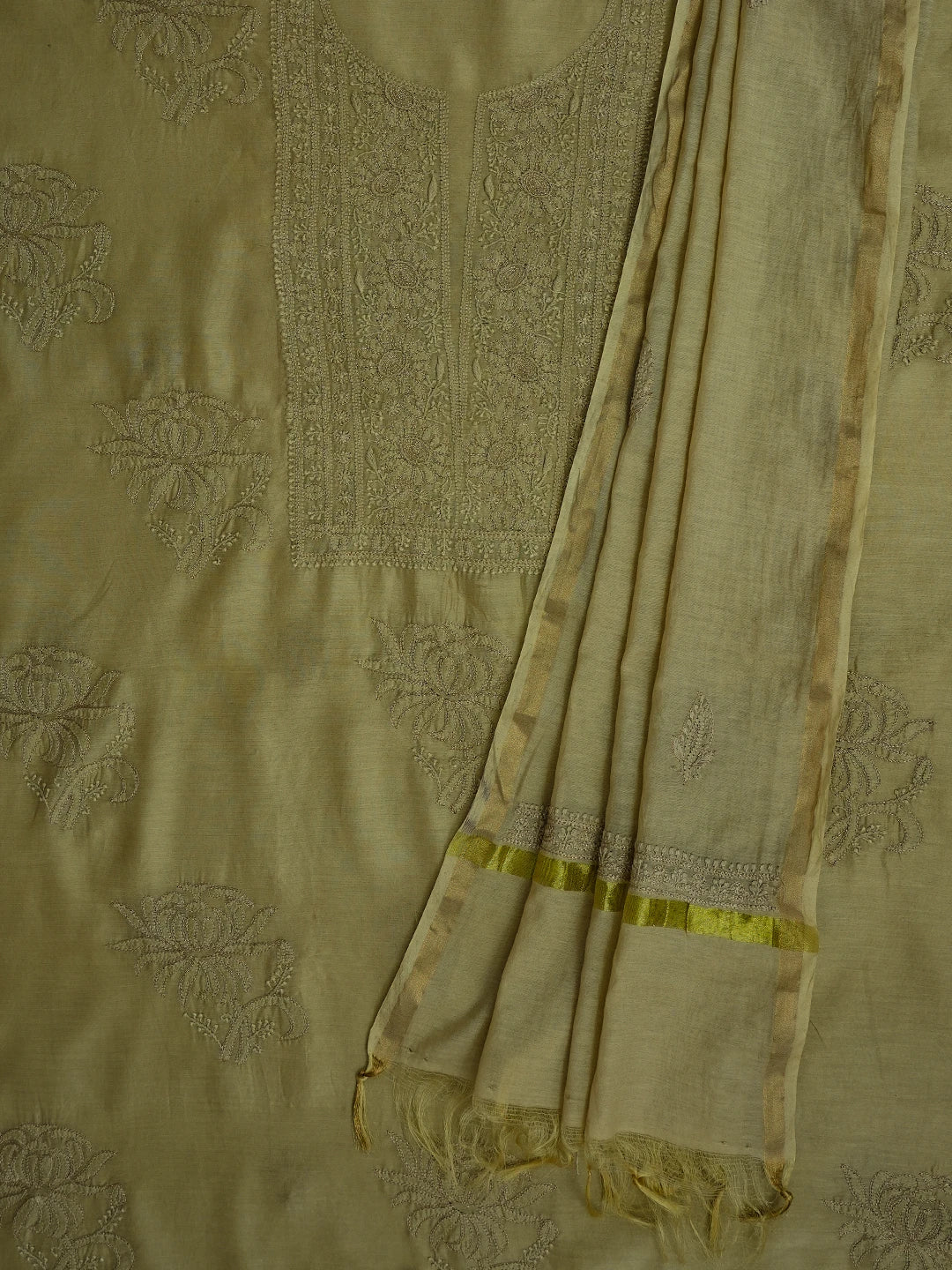 Ada Hand Embroidered Fawn Chanderi Lucknowi Chikankari Unstitched Kurta Dupatta Set With Zari Work 01A707651