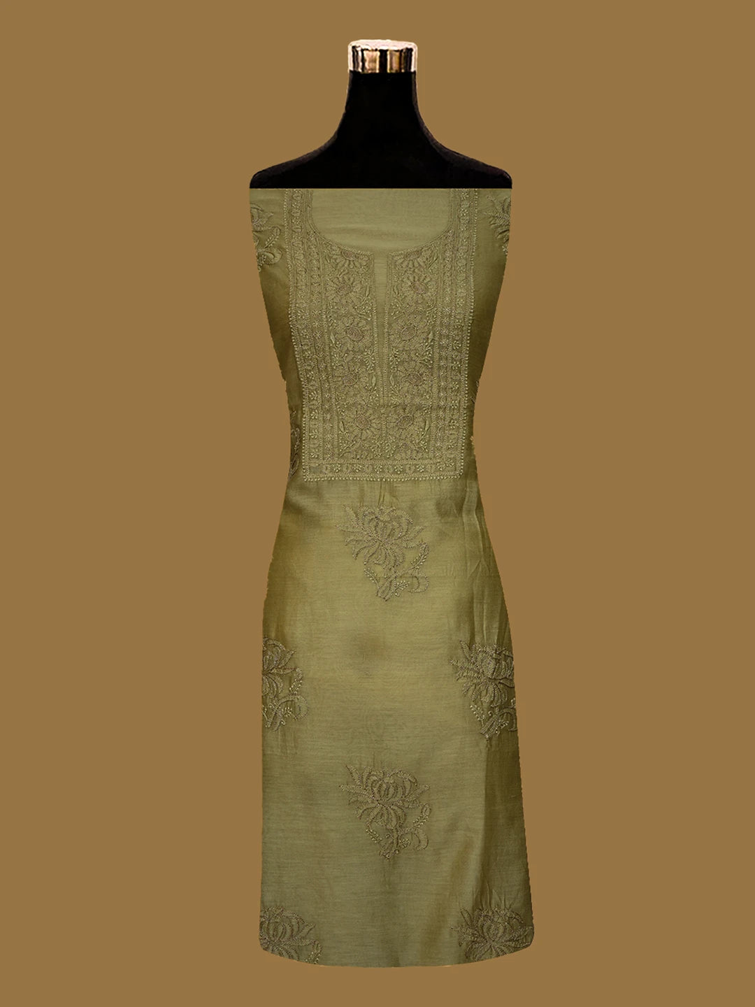 Ada Hand Embroidered Fawn Chanderi Lucknowi Chikankari Unstitched Kurta Dupatta Set With Zari Work 01A707651