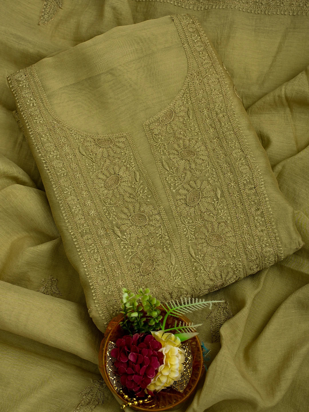 Ada Hand Embroidered Fawn Chanderi Lucknowi Chikankari Unstitched Kurta Dupatta Set With Zari Work 01A707651