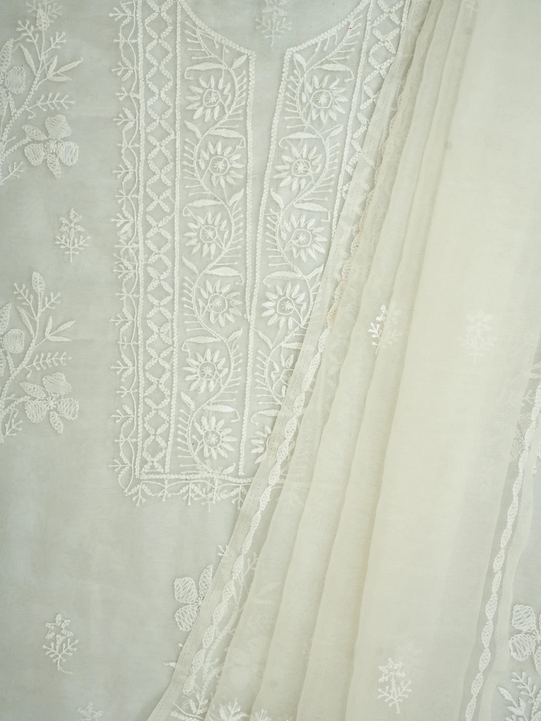 Ada Hand Embroidered White Organza Lucknowi Chikankari Unstitched Kurta Dupatta Set 01A720480