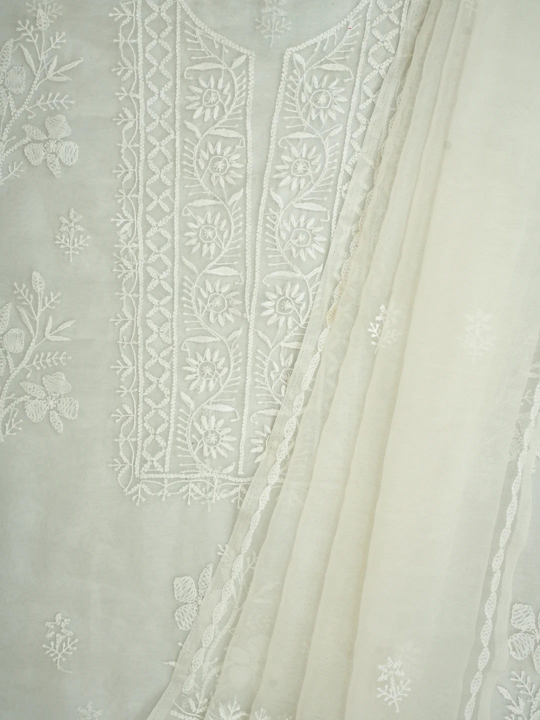 Ada Hand Embroidered White Organza Lucknowi Chikankari Unstitched Kurta Dupatta Set 01A720480