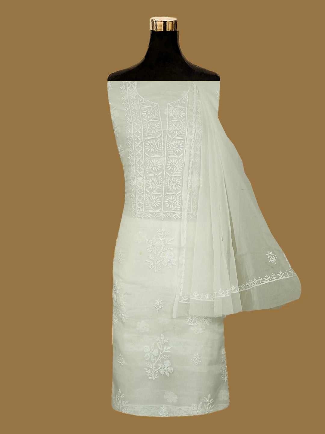 Ada Hand Embroidered White Organza Lucknowi Chikankari Unstitched Kurta Dupatta Set 01A720480