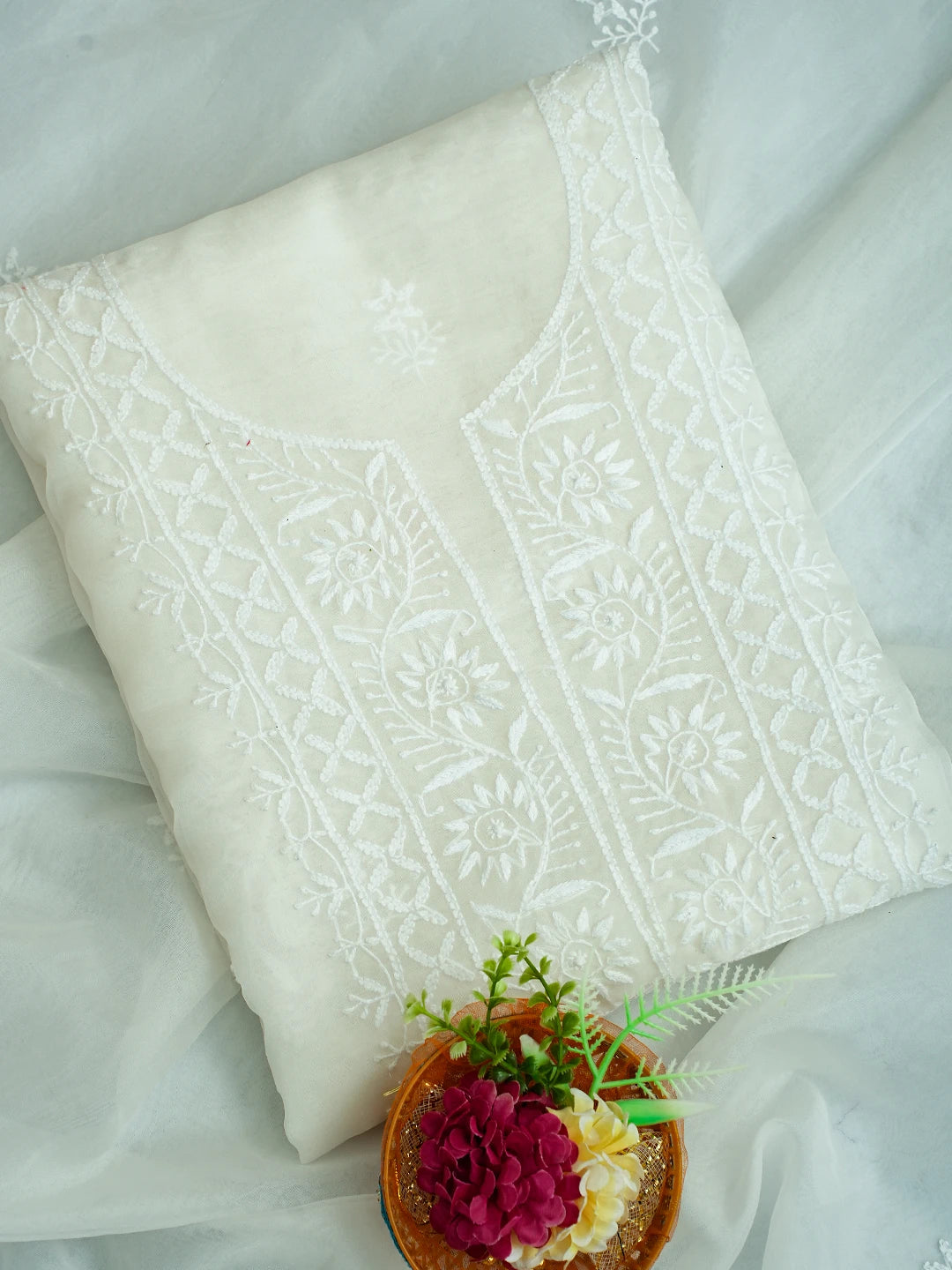 Ada Hand Embroidered White Organza Lucknowi Chikankari Unstitched Kurta Dupatta Set 01A720480