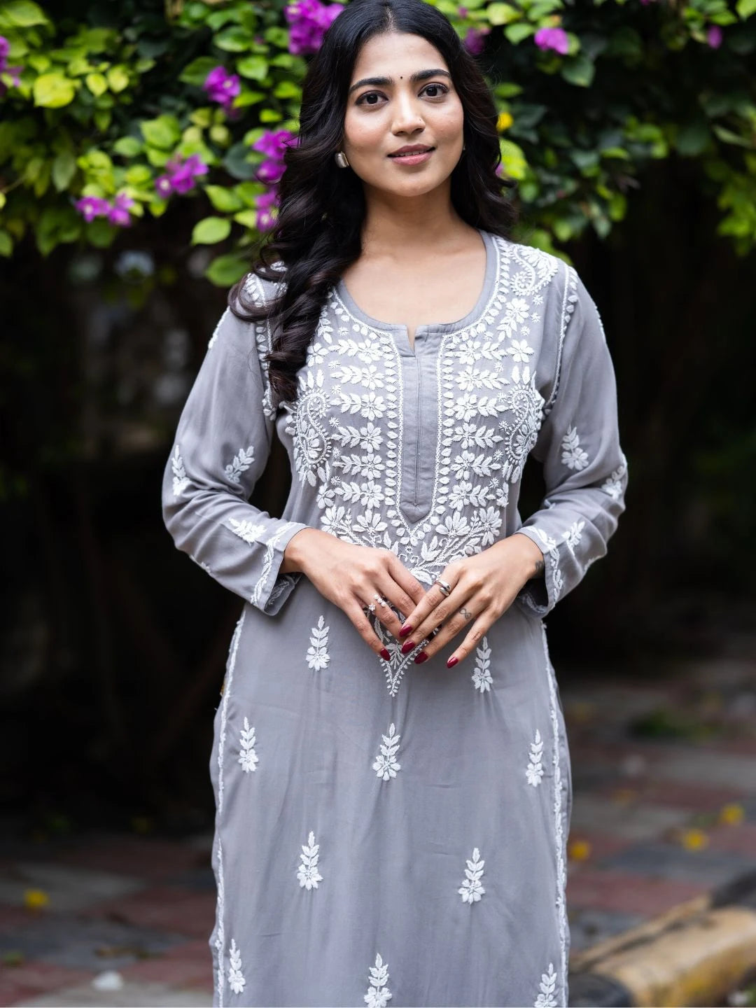 Ada Hand Embroidered Grey Rayon Lucknowi Chikankari Co-Ord Set A811238