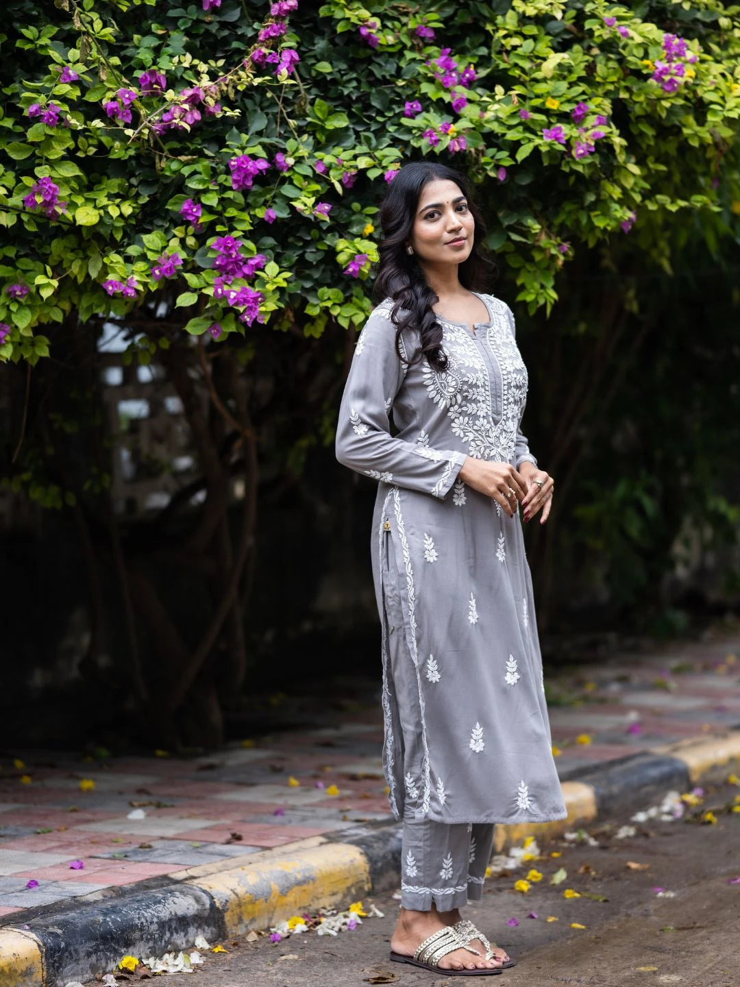 Ada Hand Embroidered Grey Rayon Lucknowi Chikankari Co-Ord Set A811238