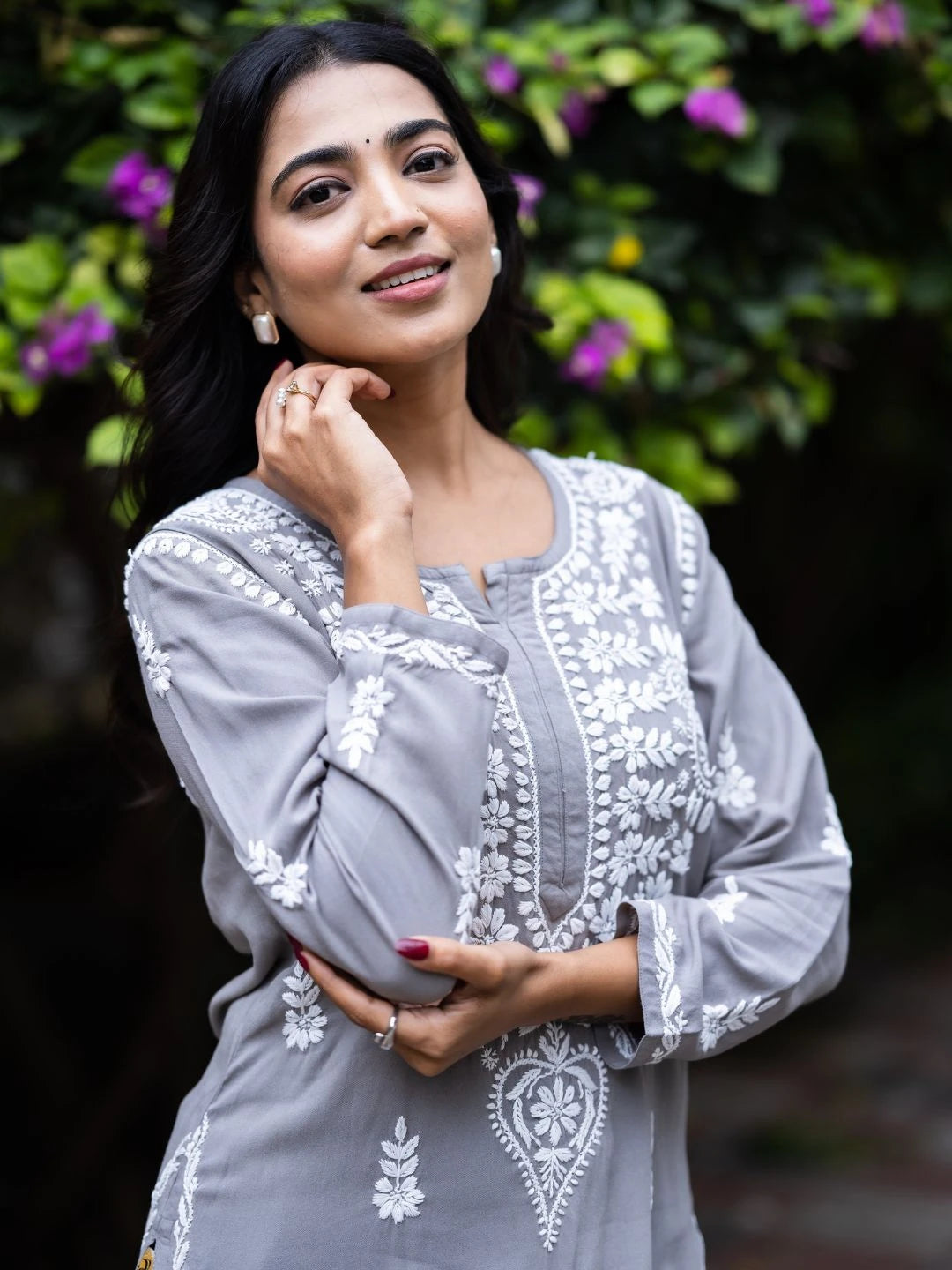 Ada Hand Embroidered Grey Rayon Lucknowi Chikankari Co-Ord Set A811238