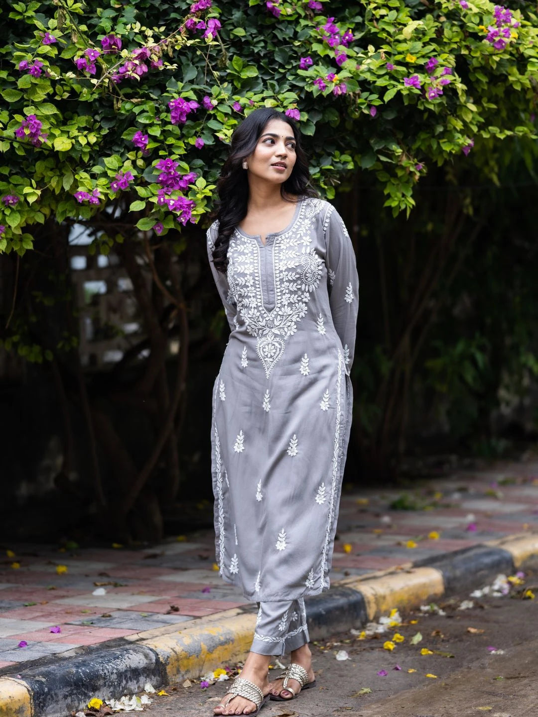 Ada Hand Embroidered Grey Rayon Lucknowi Chikankari Co-Ord Set A811238