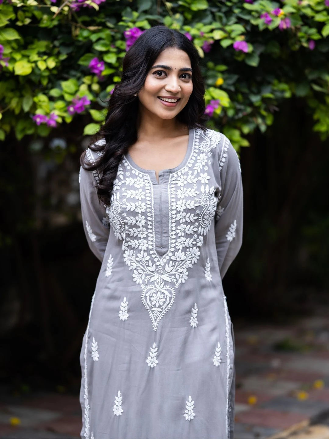 Ada Hand Embroidered Grey Rayon Lucknowi Chikankari Co-Ord Set A811238