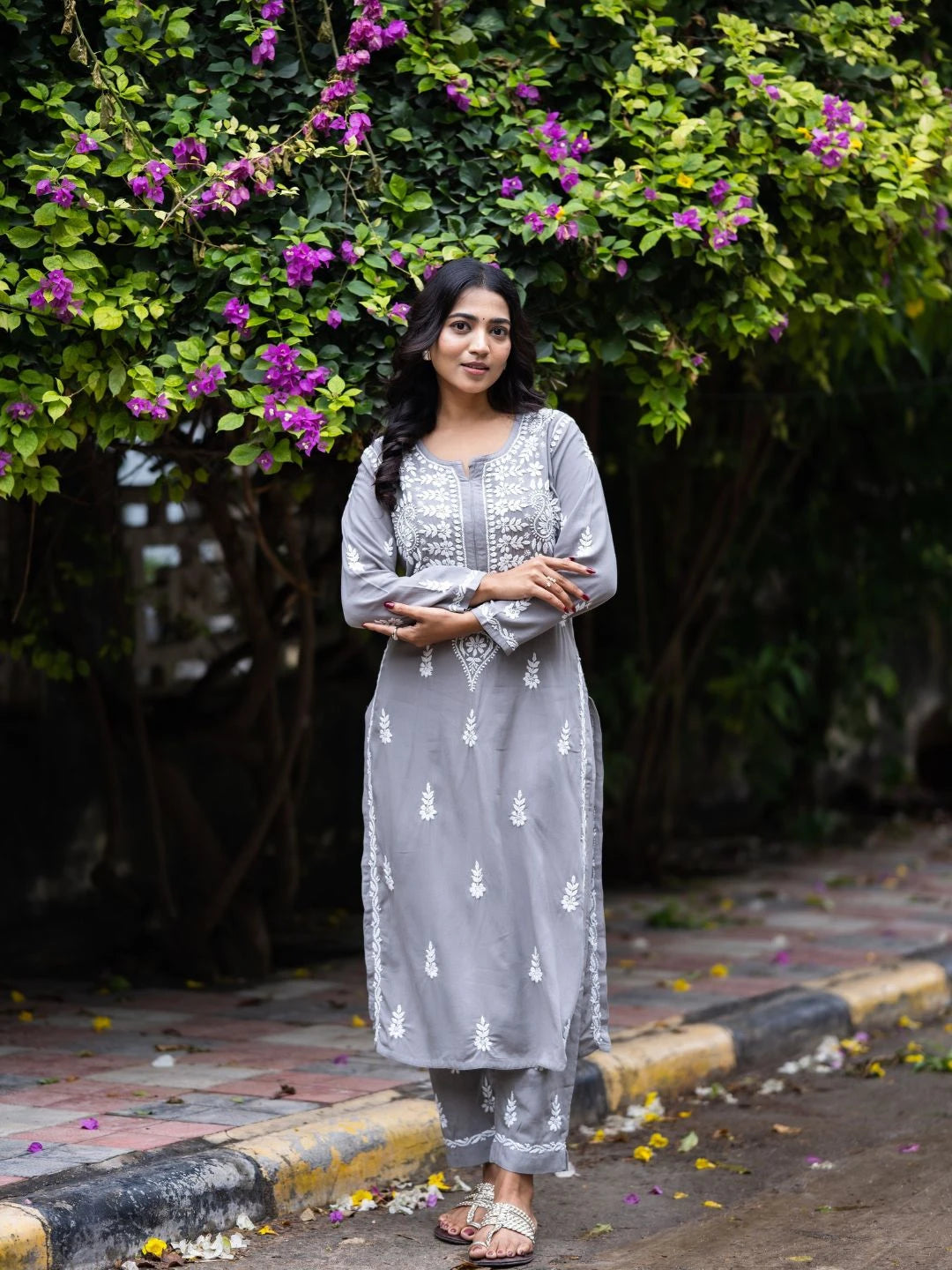 Ada Hand Embroidered Grey Rayon Lucknowi Chikankari Co-Ord Set A811238